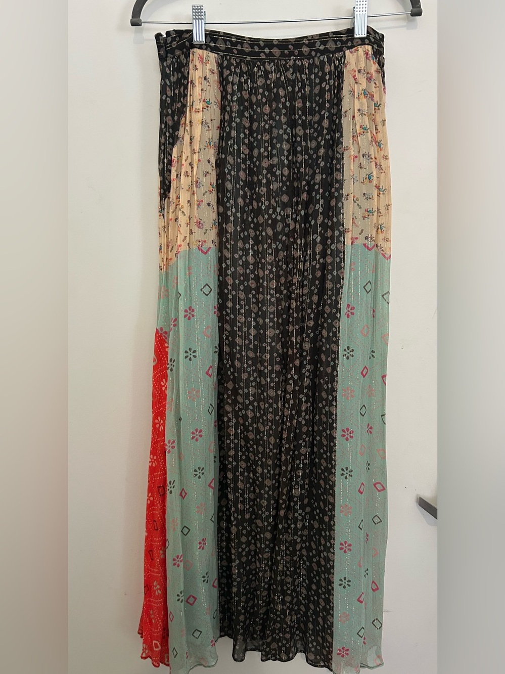Anthropologie Boho Pleated Maxi Skirt in Black, Mint, Cream and Red